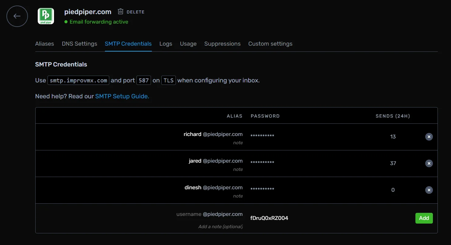 ImprovMX Custom SMTP interface