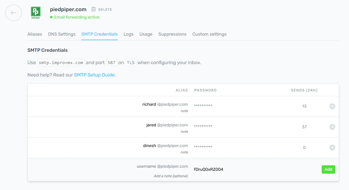 ImprovMX Custom SMTP interface