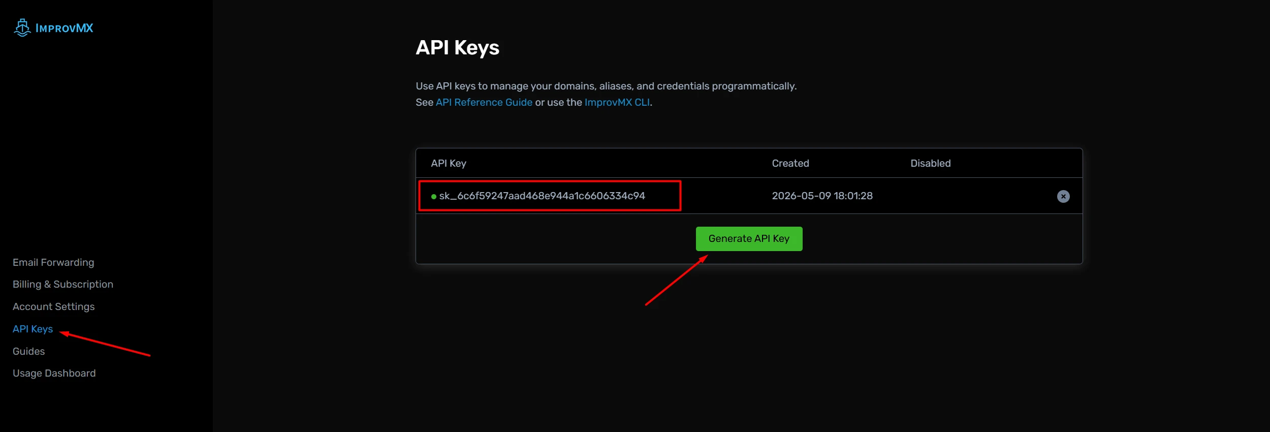 ImprovMX API key location