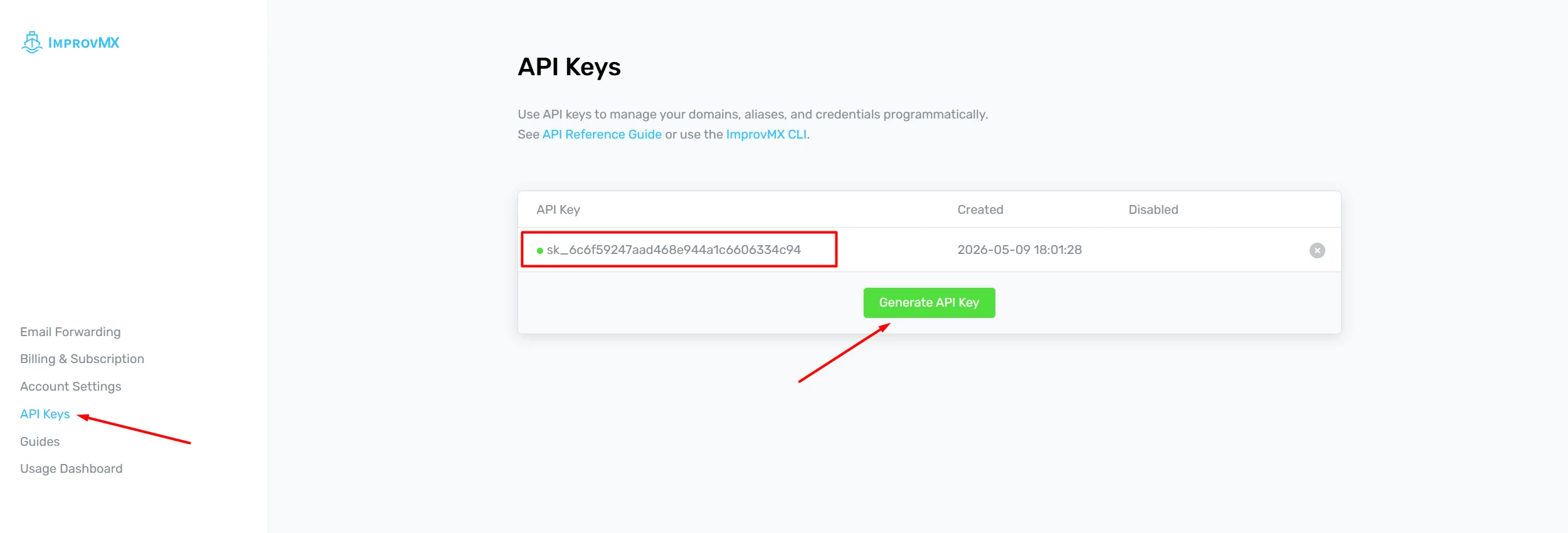 ImprovMX API key location
