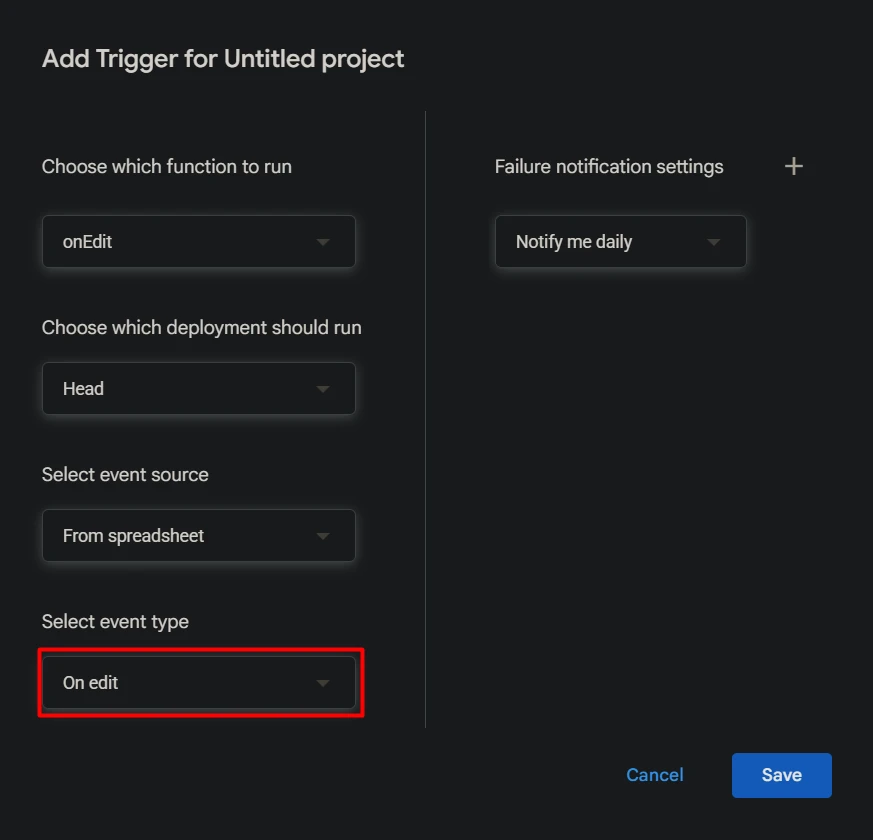 Trigger configuration dialog