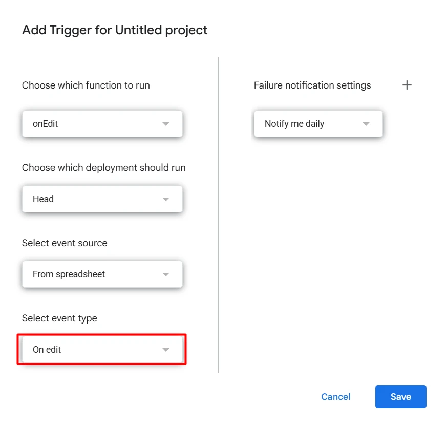 Trigger configuration dialog