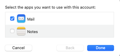 Mail's services sheet with only Mail checked
