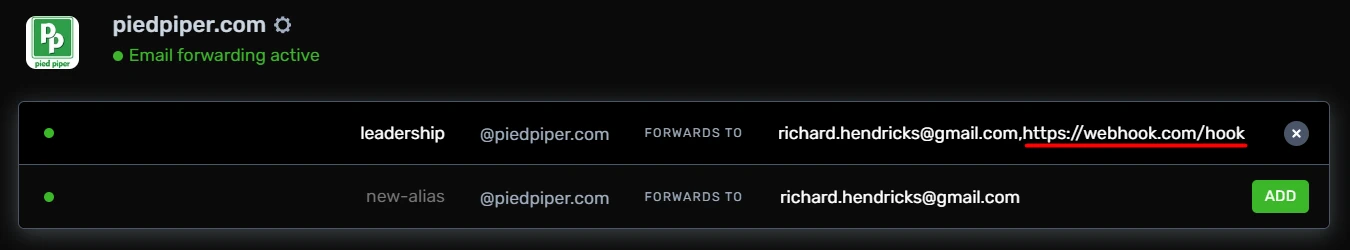 Webhook redirection configuration example