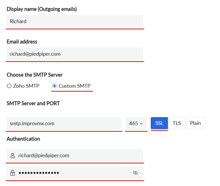 Zoho Mail Custom SMTP settings pointed at smtp.improvmx.com